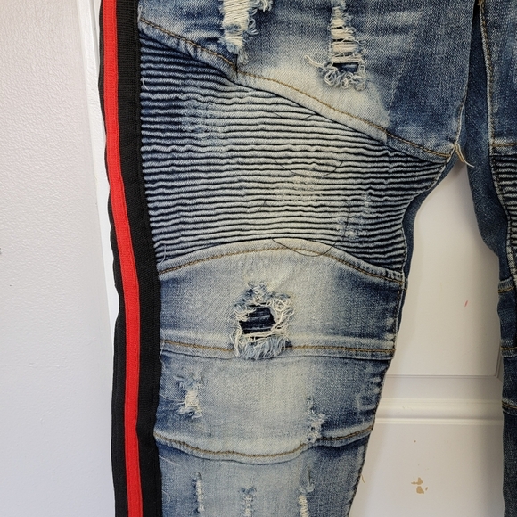 PREME Mens Distressed Red Black Side Stripe Moto Denim Jeans Streetwear 38 / 34 - Picture 3 of 13